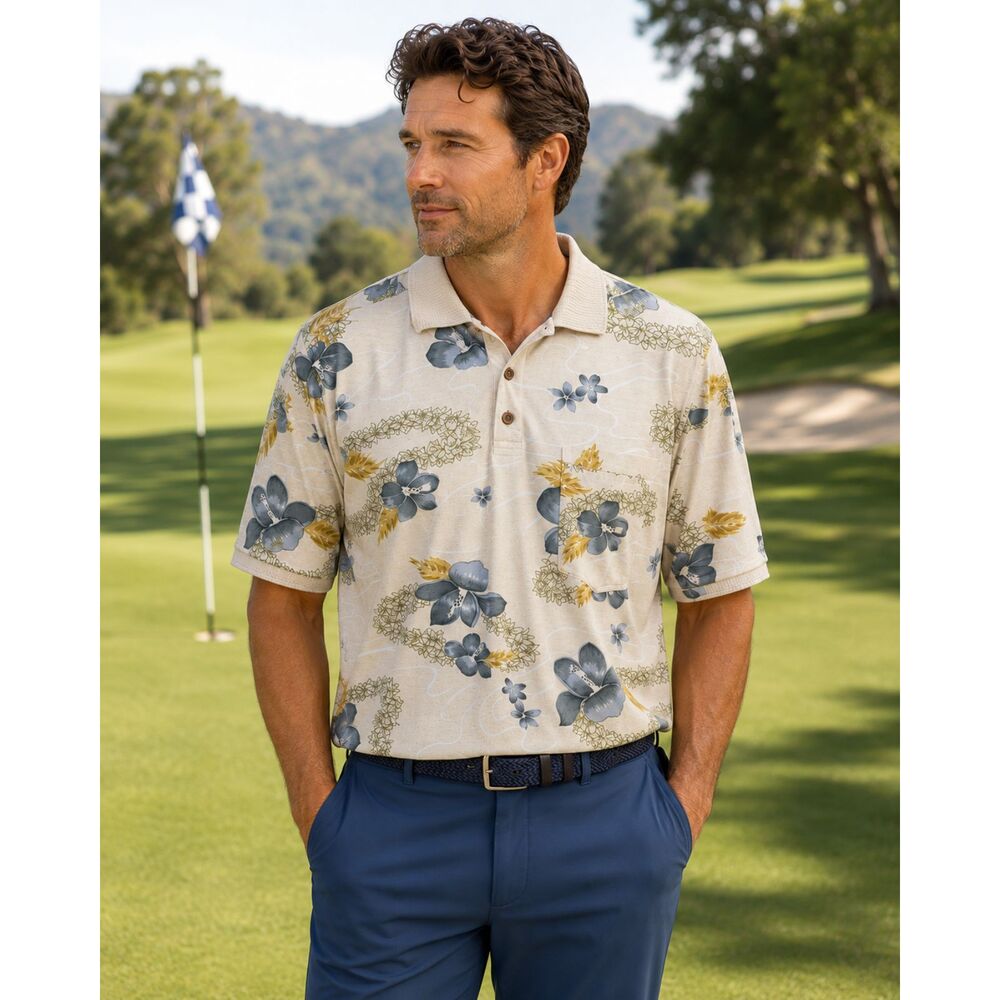 Tommy Bahama Blue Tropical Floral Polo Shirt Men's Medium 100% Cotton Hawaiian
